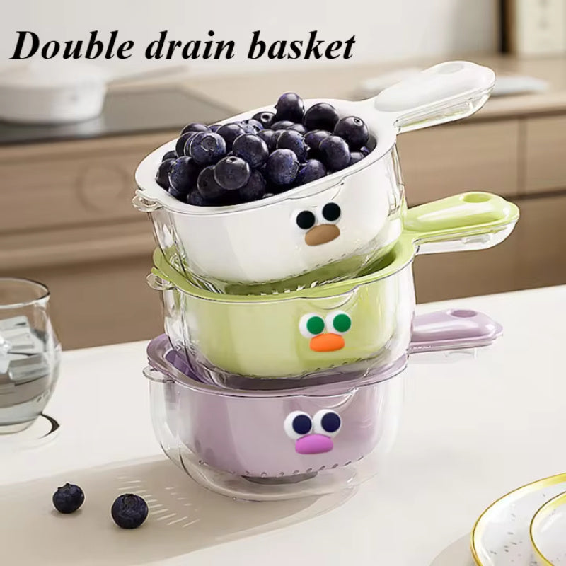 Double Drain Basket With Handle Kitchen Fruit Washing And Vegetable Washing Artifact Living Room Fruit Basket